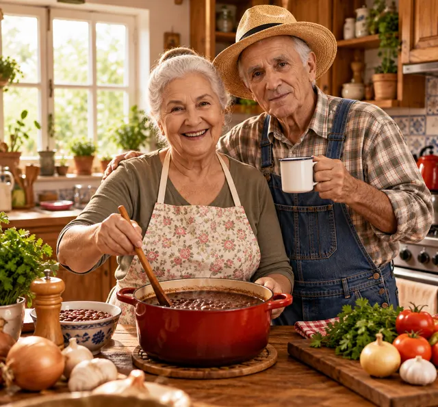 Vó Quitéria e Seu Antônio juntos na cozinha