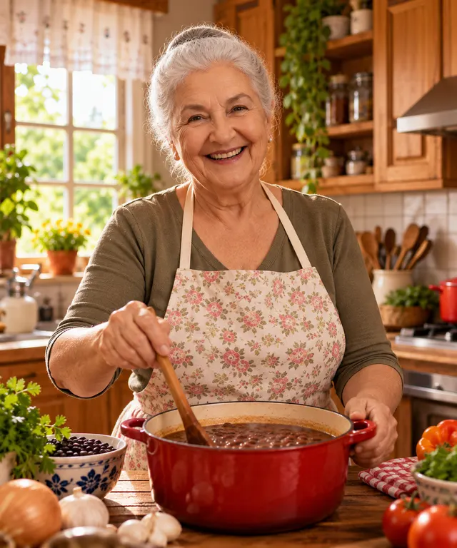 Vó Quitéria sorrindo, mexendo uma panela de feijão na cozinha